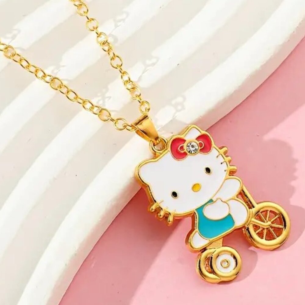 Hello Kitty Necklace Bicycle Bike Pendant Gold Sanrio Goth Emo Scene Rave Enamel
